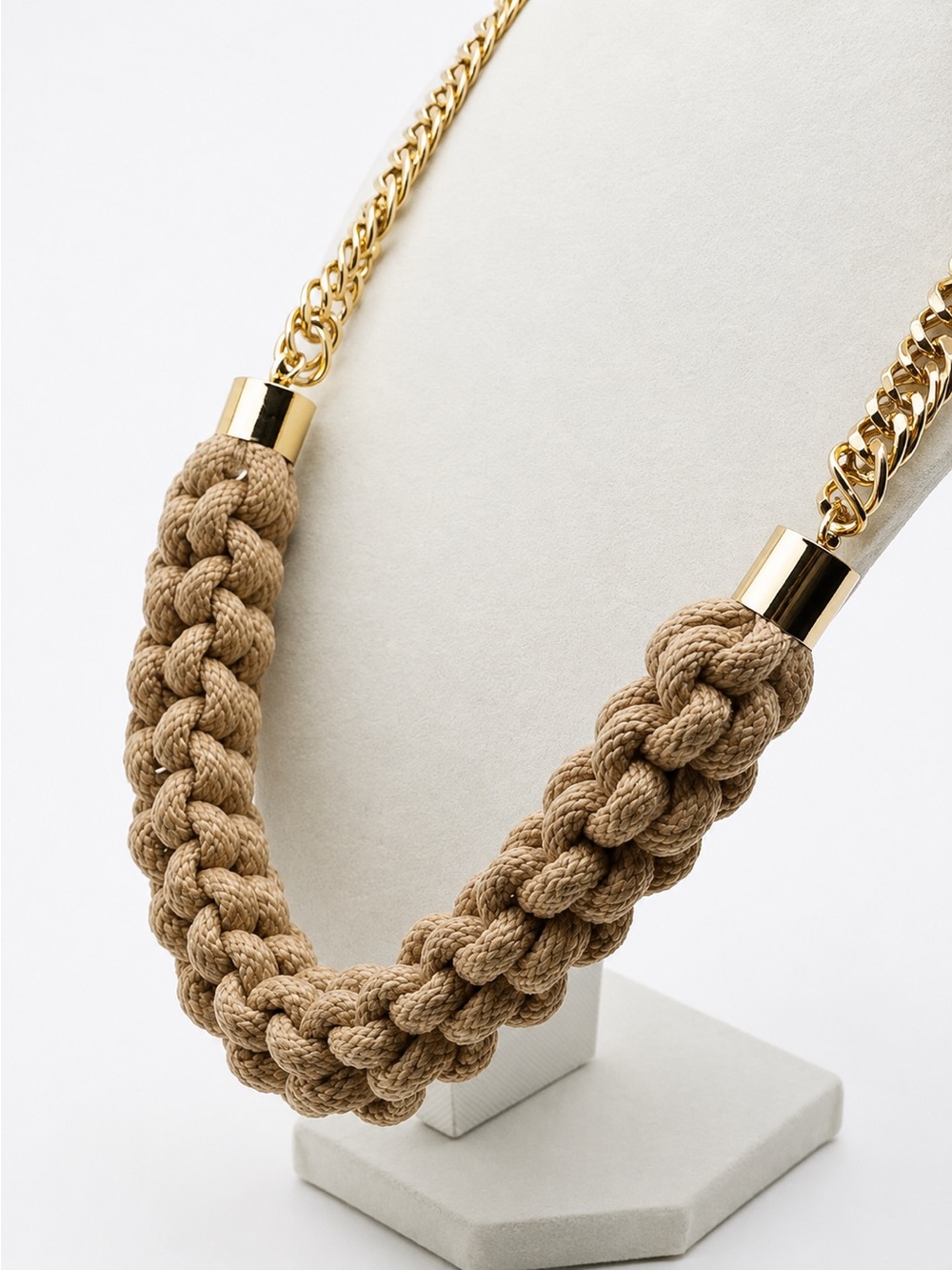 Braided Rope Statement Necklace in Beige with Gold Accents